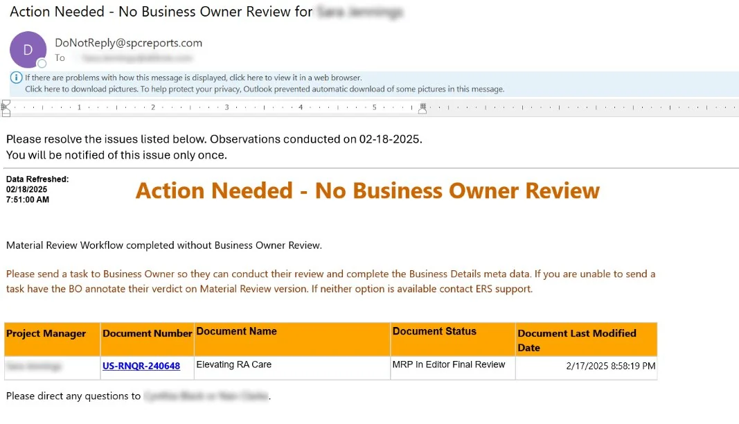 Email alert titled Action Needed - No Business Owner Review, showing the observation date, the instruction to send a task to the Business Owner, and the affected document with its status and last modified date